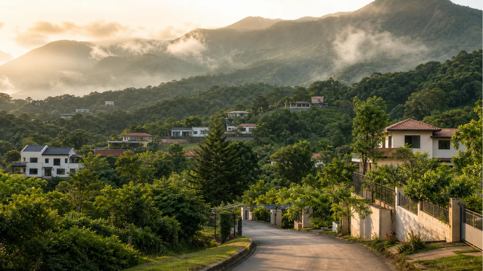Vista realista de sectores de montaña en Jarabacoa con villas, casas y solares rodeados de paisaje verde.