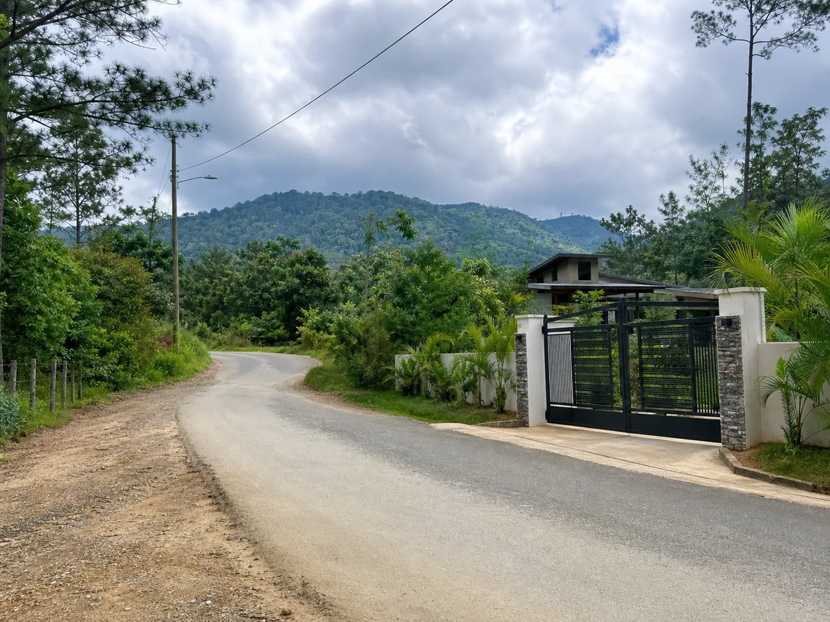 Camino de acceso en un sector residencial de montaña en Jarabacoa con vegetación verde y vista natural.